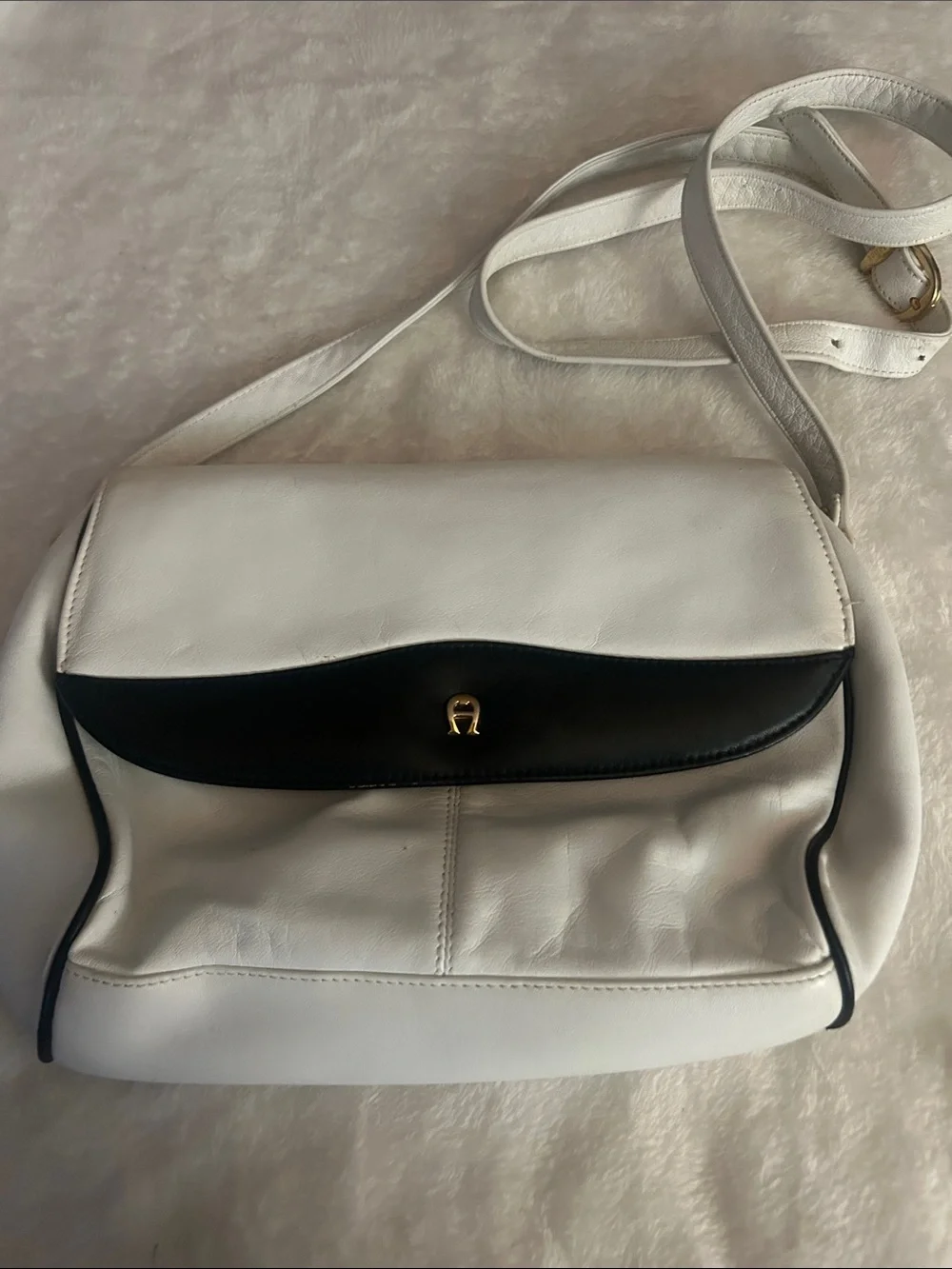 Etienne Aigner White and Black Leather Crossbody with Gold Hardware